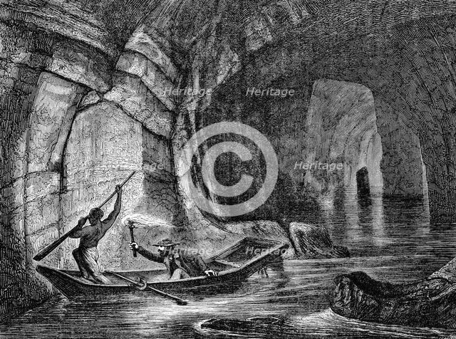 Exploring a subterranean river in the Mammoth Cave, Kentucky, USA, c1870. Artist: Unknown