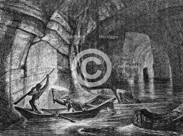 Exploring a subterranean river in the Mammoth Cave, Kentucky, USA, c1870. Artist: Unknown