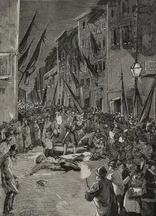 Explosion of an Orsini bomb in Via Guelfa, Florence, Italy, 1878. Creator: Unknown