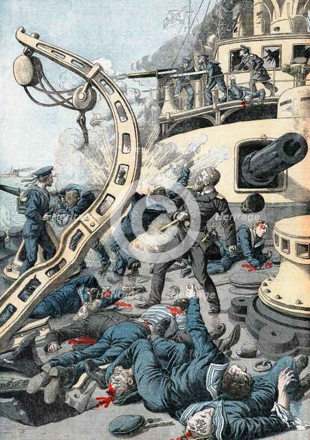 Explosion on a Russian warship, Russo-Japanese War, 1904-5. Artist: Unknown