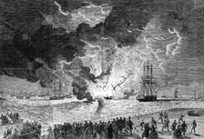 Explosion on board the barque Lottie Sleigh, laden with gunpowder, in the Mersey..., 1864. Creator: Unknown