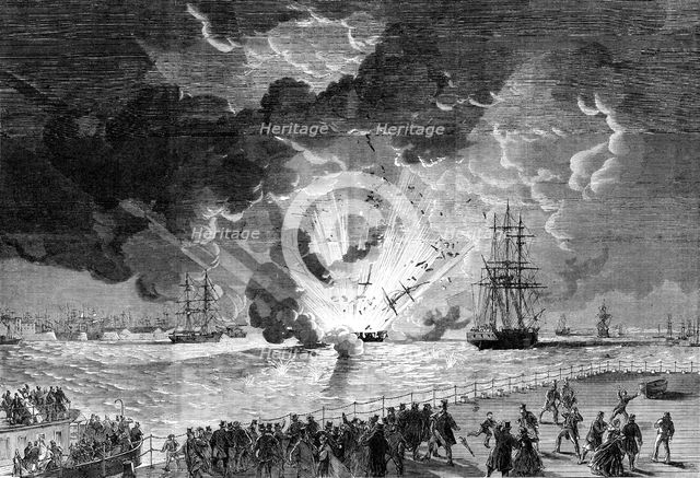 Explosion on board the barque Lottie Sleigh, laden with gunpowder, in the Mersey..., 1864. Creator: Unknown.