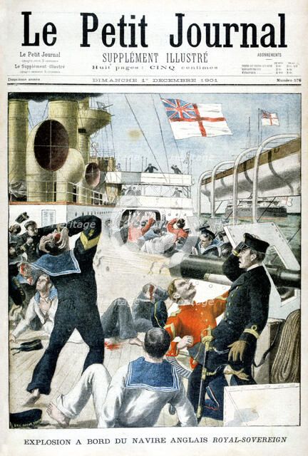 Explosion on board the British warship HMS 'Royal Sovereign', 1901. Artist: Unknown