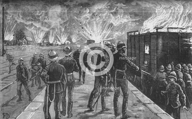 'Explosion at Cairo Railway Station:  Bursting of Shells and Ammunition', c1882-85. Artist: Unknown.