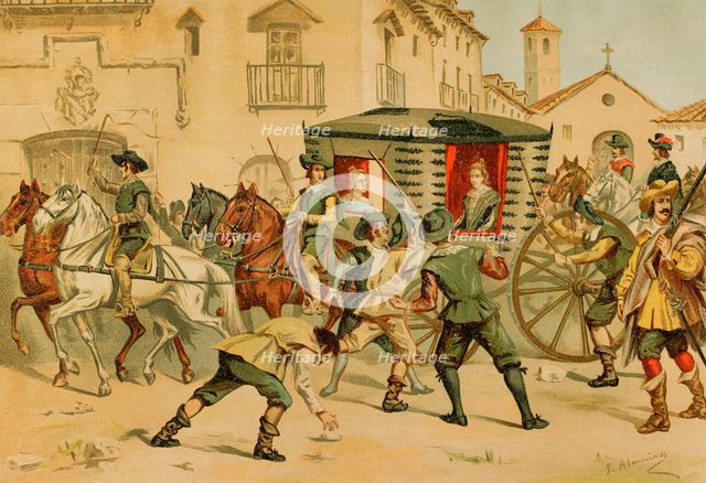 Expulsion of the queen from the city of Toledo, on her way to Bayonne, France, 1891.  Creator: Juan Alaminos.