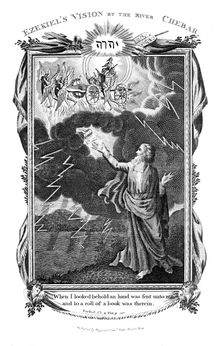 Ezekiel's vision of a chariot in the sky and a hand in the clouds holding out a book to him, 1804