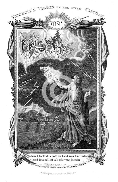 Ezekiel's vision of a chariot in the sky and a hand in the clouds holding out a book to him, 1804. Artist: Unknown