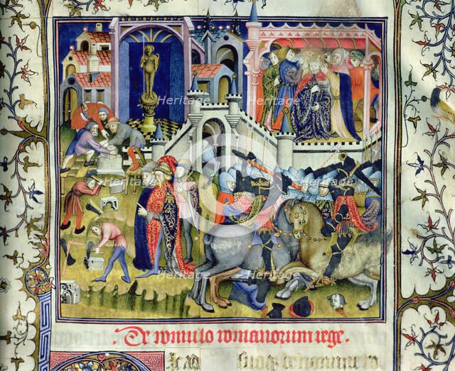 Foundation of Rome (c. 753aC), duel on horseback and coronation of a king. Miniature in 'De viris…