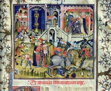 Foundation of Rome (c. 753aC), duel on horseback and coronation of a king. Miniature in De viris…