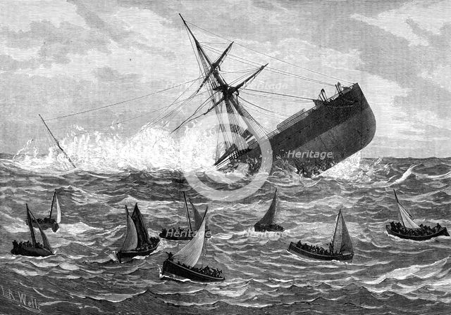 Foundering of the Union Company's mail steam-ship American: the boats leaving the ship, 1880. Creator: Josiah Robert Wells.