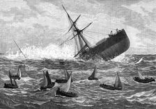 Foundering of the Union Company's mail steam-ship American: the boats leaving the ship, 1880. Creator: Josiah Robert Wells