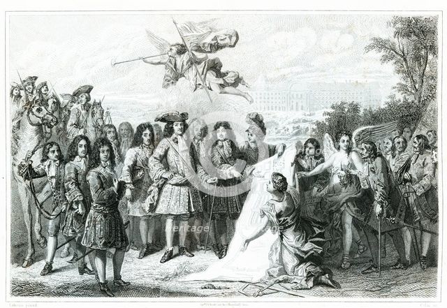 Founding of the Hôpital des Invalides by King Louis XIV in 1675, engraving from 1853.