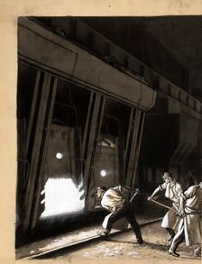 Foundry scene (men stoking smelting furnace), between 1939 and 1946. Creators: Unknown, Central Office of Information