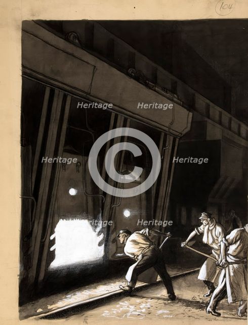 Foundry scene (men stoking smelting furnace), between 1939 and 1946. Creators: Unknown, Central Office of Information.