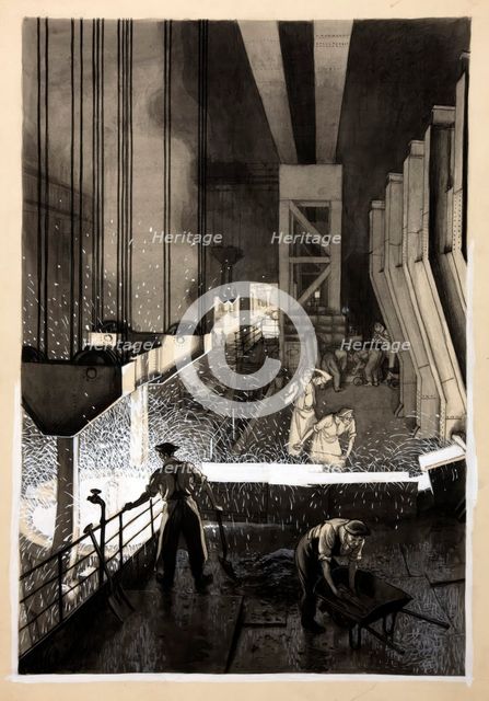 Foundry scene (men supervising pouring of molten metal), between 1939 and 1946. Creators: Unknown, Central Office of Information.