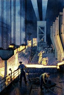 Foundry scene (men supervising pouring of molten metal), between 1939 and 1946. Creators: Unknown, Central Office of Information