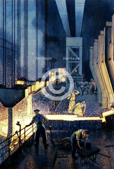 Foundry scene (men supervising pouring of molten metal), between 1939 and 1946. Creators: Unknown, Central Office of Information.