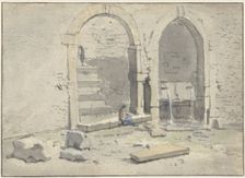 Fountain against a city wall, in which a staircase has been built, 1700-1748. Creator: Theodorus Wilkens