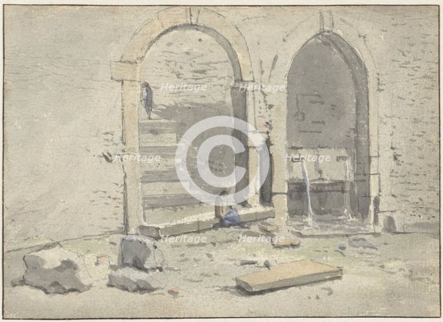 Fountain against a city wall, in which a staircase has been built, 1700-1748. Creator: Theodorus Wilkens.