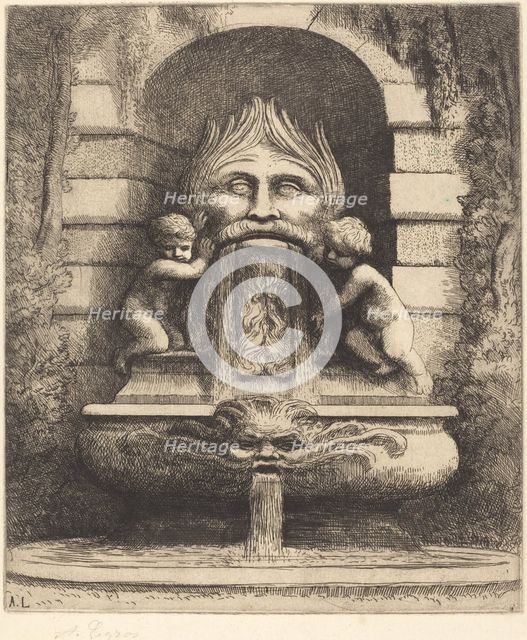 Fountain: Grotesque, Children and Basin (Une fountaine: Masque, enfants et bassin). Creator: Alphonse Legros.