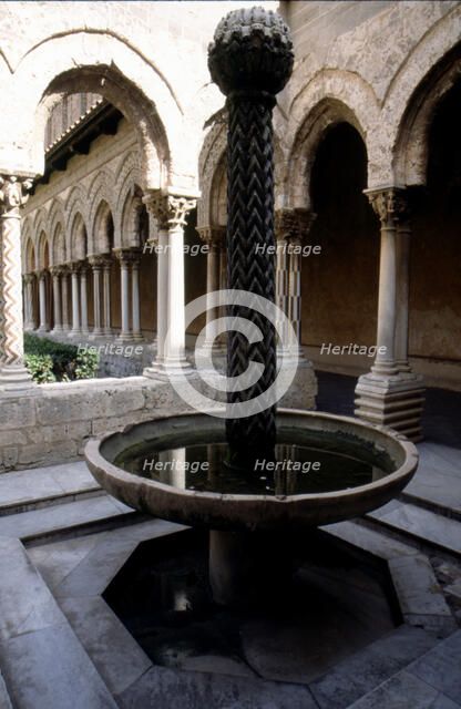 Fountain in the cloister of the Cathedral of Monreale (Sicily), Norman-Byzantine style.