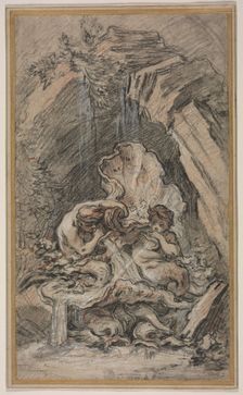 Fountain with Two Tritons Blowing Conch Shells, c. 1736. Creator: François Boucher (French, 1703-1770)