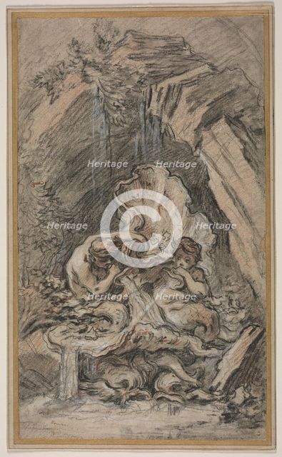 Fountain with Two Tritons Blowing Conch Shells, c. 1736. Creator: François Boucher (French, 1703-1770).