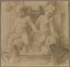 Fountain with Putti Riding Dolphins, last half 1800s. Creator: Alphonse Legros (French, 1837-1911)