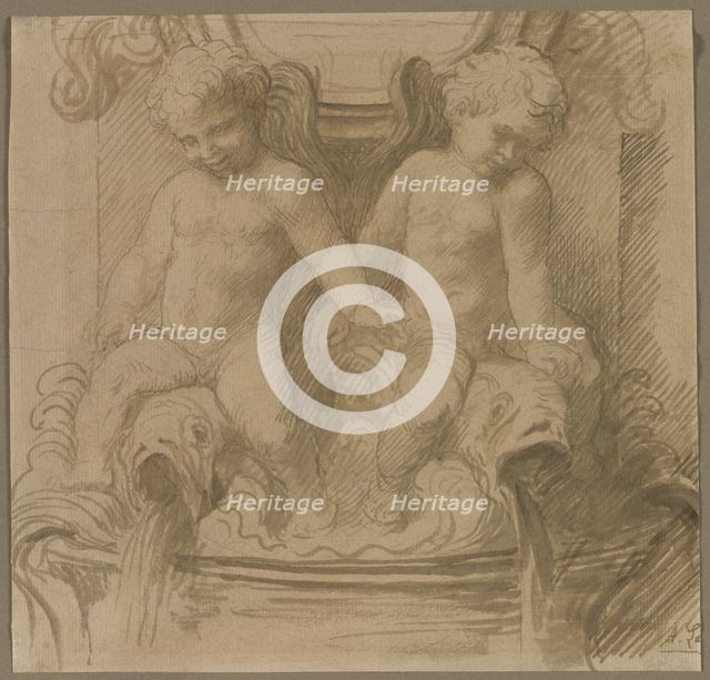 Fountain with Putti Riding Dolphins, last half 1800s. Creator: Alphonse Legros (French, 1837-1911).