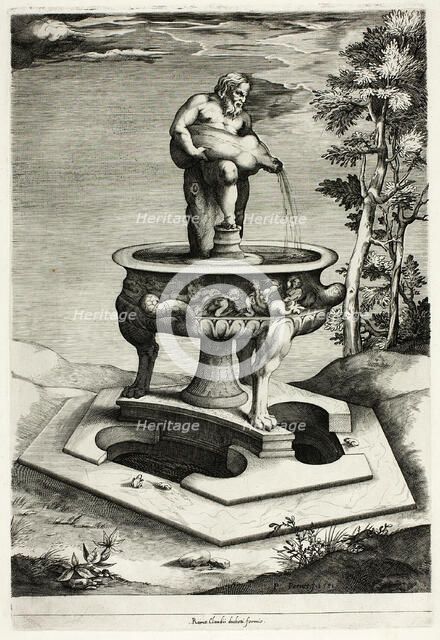 Fountain with Silenus in the Garden of the Cesi Palace near Rome, 1581. Creator: Pieter Perret.