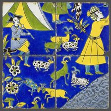 Four Tiles with a Figural Scene, Safavid dynasty (1501-1722), 17th century. Creator: Unknown