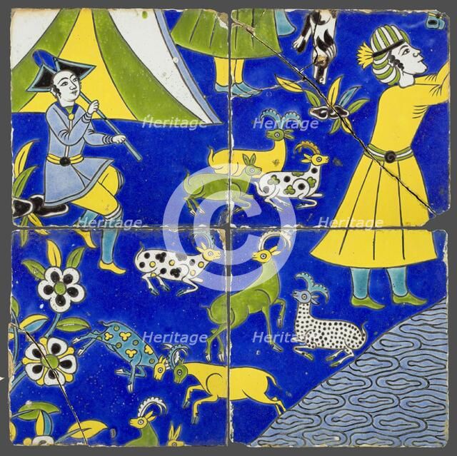 Four Tiles with a Figural Scene, Safavid dynasty (1501-1722), 17th century. Creator: Unknown.