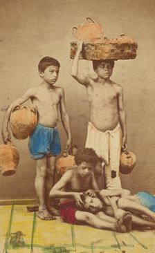 Four unidentified boys: two standing with clay pots, two seated with one being checked..., 1865-1870 Creator: Giorgio Conrad