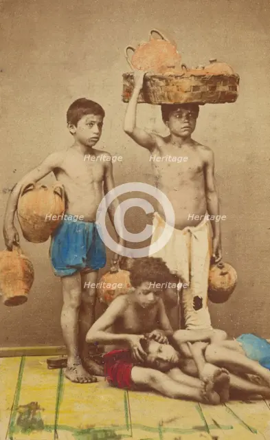 Four unidentified boys: two standing with clay pots, two seated with one being checked..., 1865-1870 Creator: Giorgio Conrad.