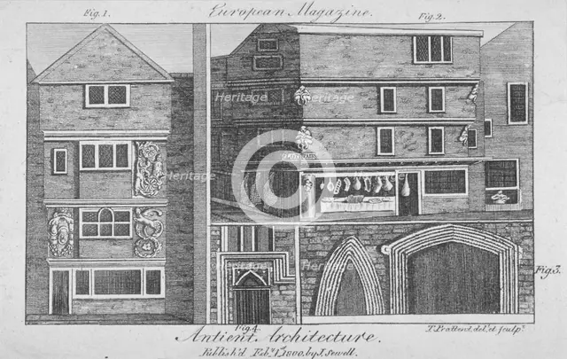 Four views of architectural features on buildings in Cloth Fair, Smithfield, City of London, 1800. Artist: Thomas Prattent
