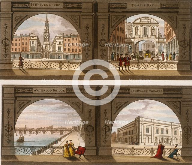 Four views of London sites seen through an arch, c1820. Artist: Anon