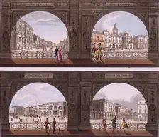 Four views of London sites seen through an arch, c1820. Artist: Anon