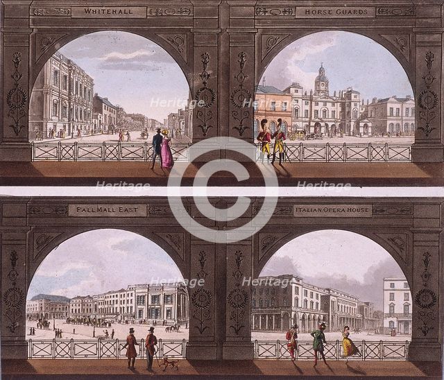 Four views of London sites seen through an arch, c1820. Artist: Anon