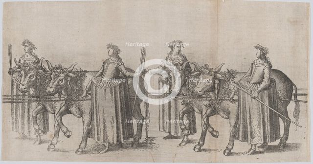 Four women walking alongside four cows; plate from 'Repraesentatio Der Fürstlichen Auffzug..., 1611. Creator: Balthasar Küchler.
