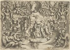Four women surrounding a seated figure, a bird above them, set within an elaborate ..., ca. 1540-80. Creator: Battista del Moro