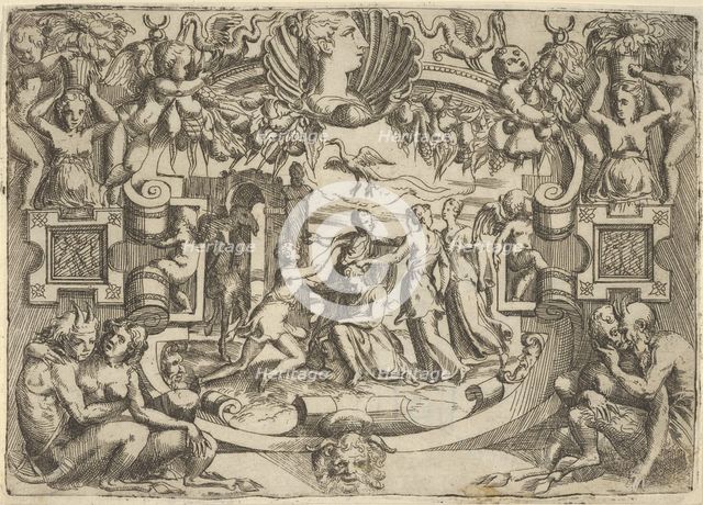 Four women surrounding a seated figure, a bird above them, set within an elaborate ..., ca. 1540-80. Creator: Battista del Moro.