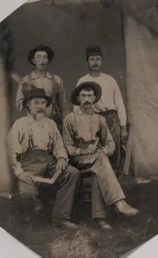 Four Workmen Holding Different Tools: Square, Hatchet, Wood Plane, and Trowel, 1860s-70s. Creator: Unknown