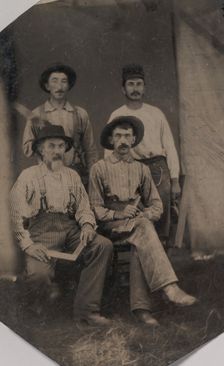 Four Workmen Holding Different Tools: Square, Hatchet, Wood Plane, and Trowel, 1860s-70s. Creator: Unknown