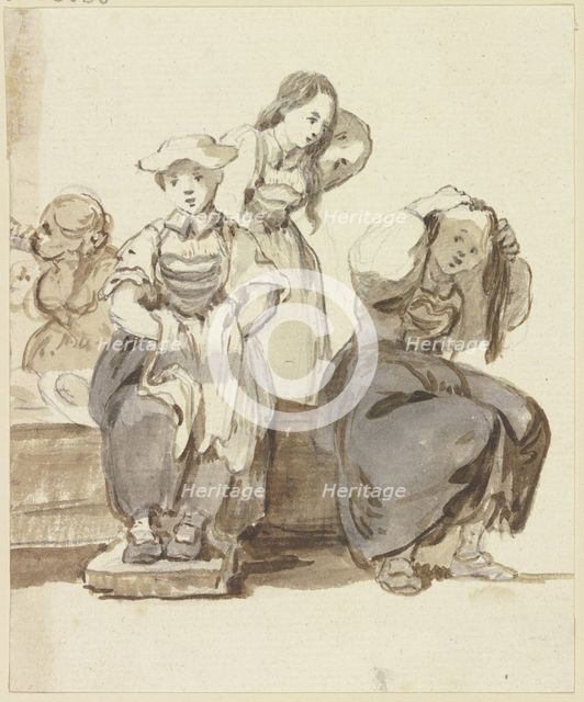Four young girls by a well, two of them arranging their hair, c1771-1772. Creator: Georg Melchior Kraus.