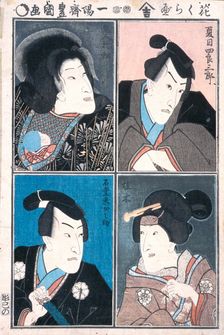 Four Actors in the Roles of Natsume Shirosaburo, Saimenosuke, Katsuragi, and Kijin Omatsu, c1835. Creator: Utagawa Kunisada