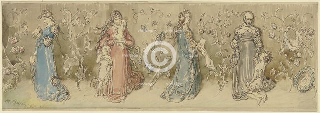 Four allegorical female figures, 1875. Creator: Wilhelm Busch.