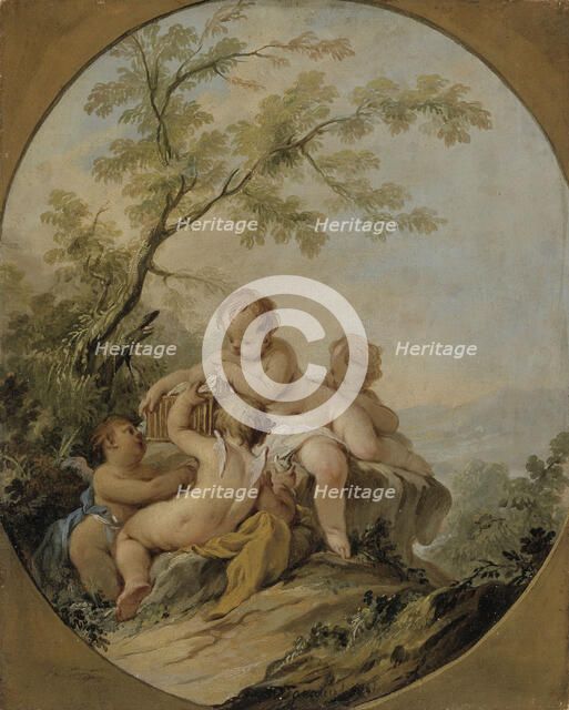 Four amorins playing with a birdcage, 1721-1750. Creator: Guillaume-Thomas Taraval.