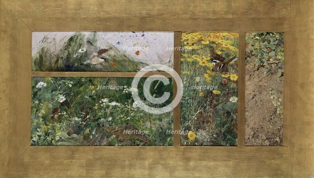 Four Bird Studies, Red-Backed Shrike, Corncrake, Chaffinches, Willow Warbler, c1890s. Creator: Bruno Liljefors.