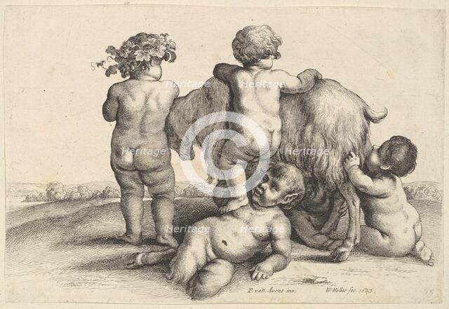 Four boys, a young satyr and a goat, 1647. Creator: Wenceslaus Hollar.