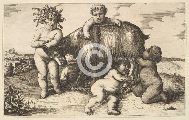 Four boys, a young satyr, and a goat (copy in reverse), 17th century (?). Creator: Wenceslaus Hollar.